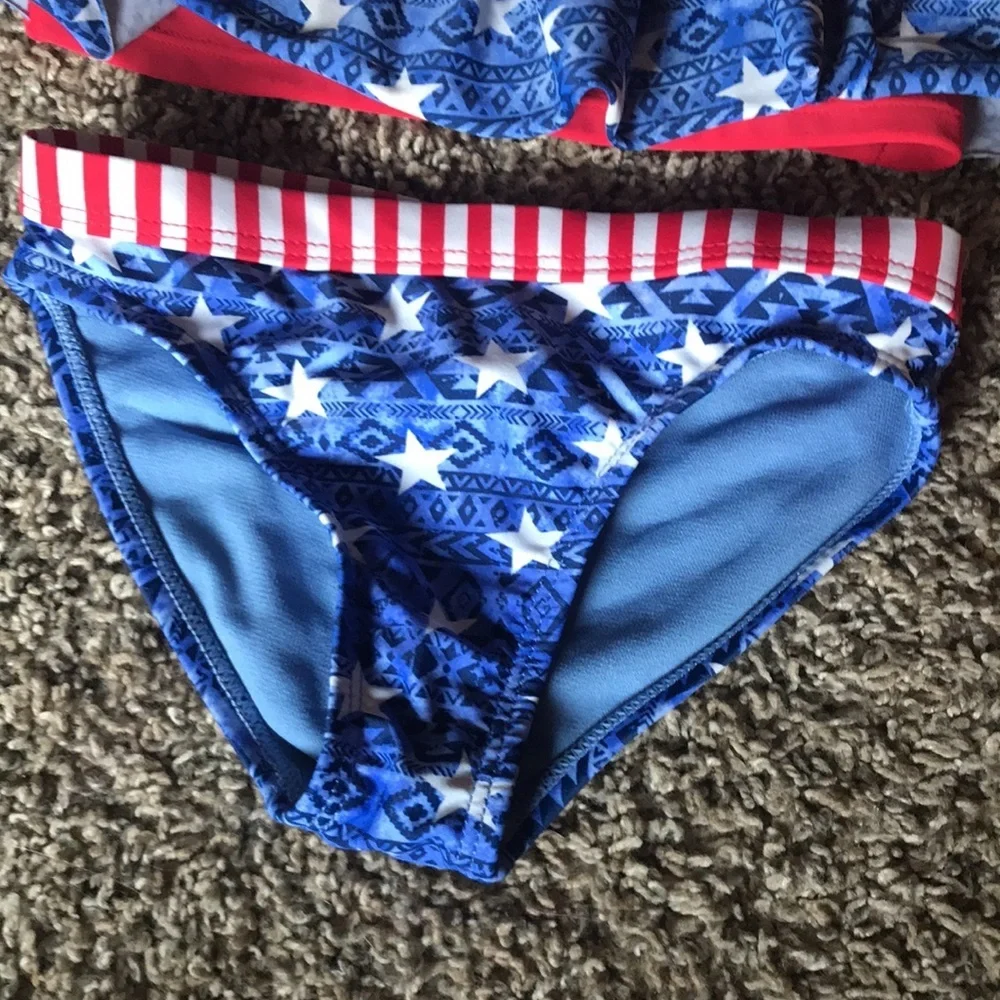Wonder Nation Red White and Blue 2 Piece Ruffled Stripes & Stars Bikini - Picture 2 of 6